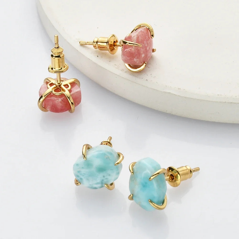 Unique Irregular Natural Stone Stud Earrings Golden Plated Rhodochrosite Claw Earring For Women Crystal Jewelry Gifts