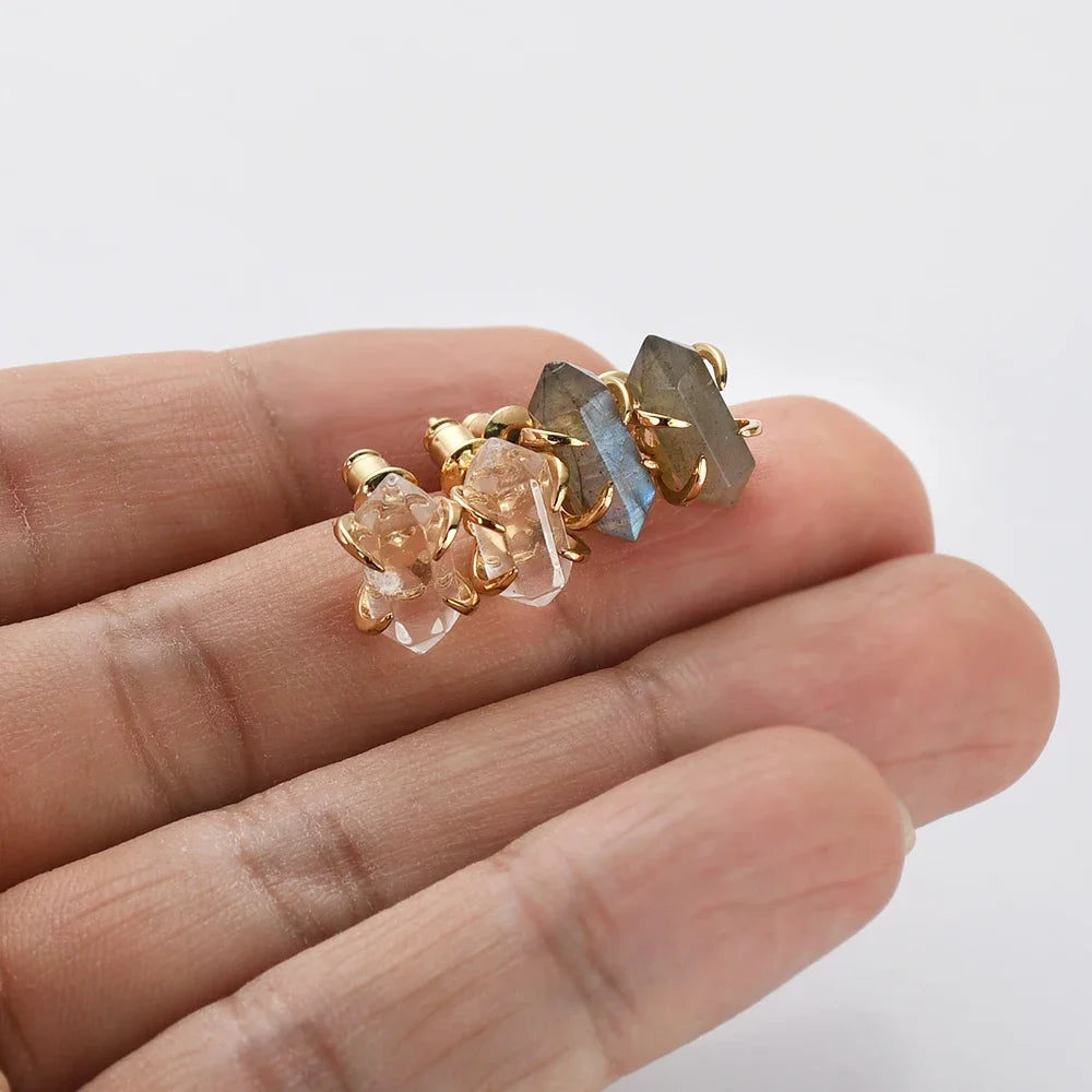 Small Hexagonal Point Claw Stud Earrings Real Natural Stone Bullet Shape Crystal Quartz Earring Healing Jewelry Gifts