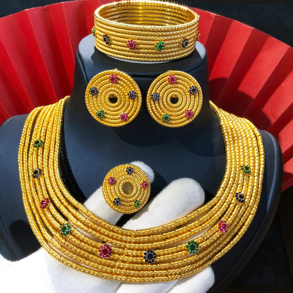 Luxury 4pcs Round Ball African Jewelry Sets Necklace Earring Bangle Ring Set For Women Wedding Jewelry Trendy HOT New 2024