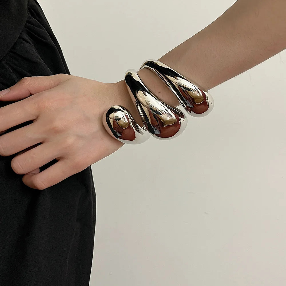 HUANZHI Exaggerated Geometric Spiral Metal Hollow Chunky Water Drop Open Bangle Bracelet for Women Girls Fashion Jewelry 2024