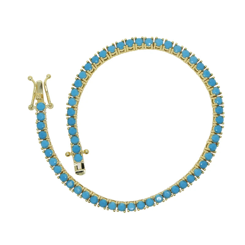2024 New Gold Color Bling 3mm Turquoises Paved Tennis Chain Necklace Mirco Pave CZ Charm Blue Stone Fashion Women Choker Jewelry
