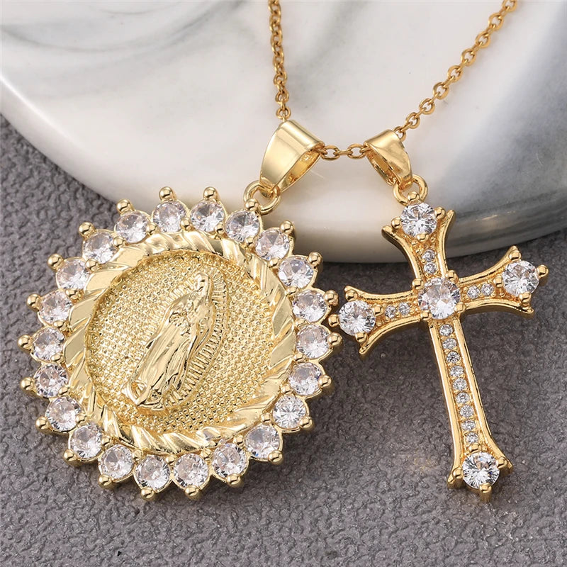 Multiple styles copper Necklace zircon Golden circular Cross Virgin Mary Pendent Necklaces For Charm Women Birthday Jewelr