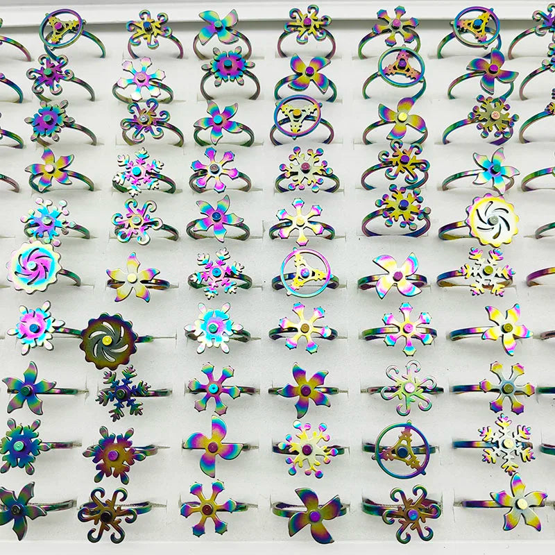 20pcs/Lot Wholesale New Style Rotate Stainless Steel Finger Rings For Women Windmill Snowflake Relief Anxiety Decompress Jewelry