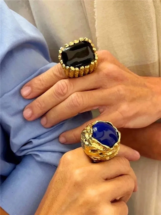 Retro  Agate Natural Stone Crystal Ring Gold Color Metal Open for Women Brass Jewelry 2024 Light Luxury European And American