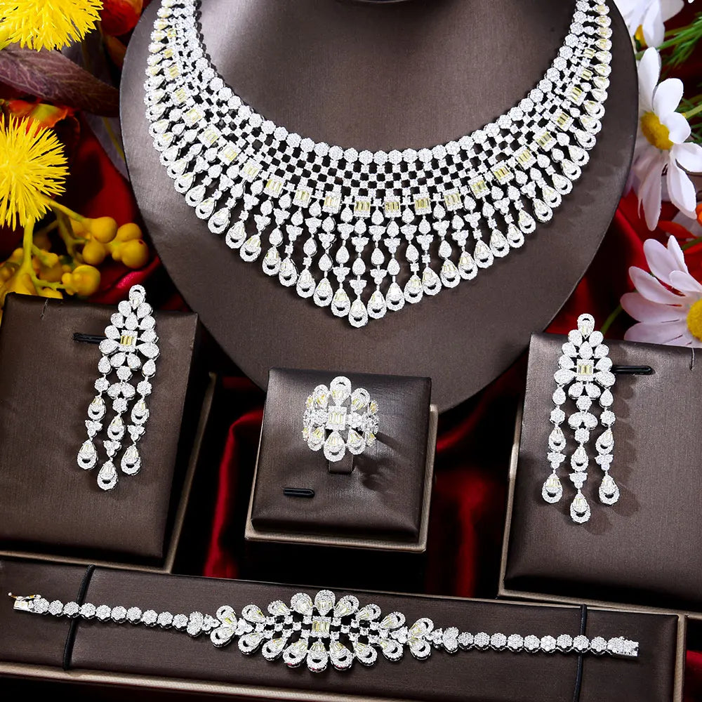 NEW Luxury 4PCS UAE Rainbow Fireworks Jewelry Set For Women Wedding Party Cubic Zirconia Indian Dubai Bridal Jewelry Set