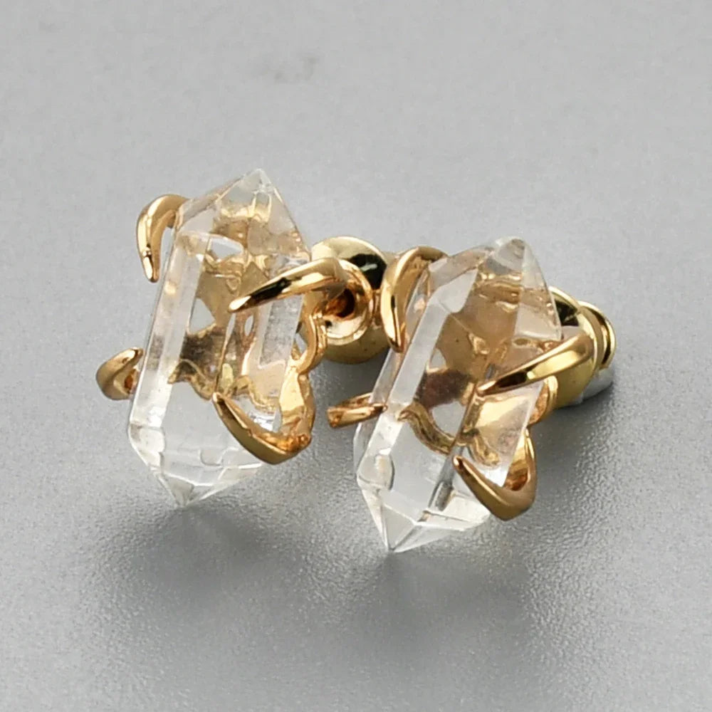 Small Hexagonal Point Claw Stud Earrings Real Natural Stone Bullet Shape Crystal Quartz Earring Healing Jewelry Gifts