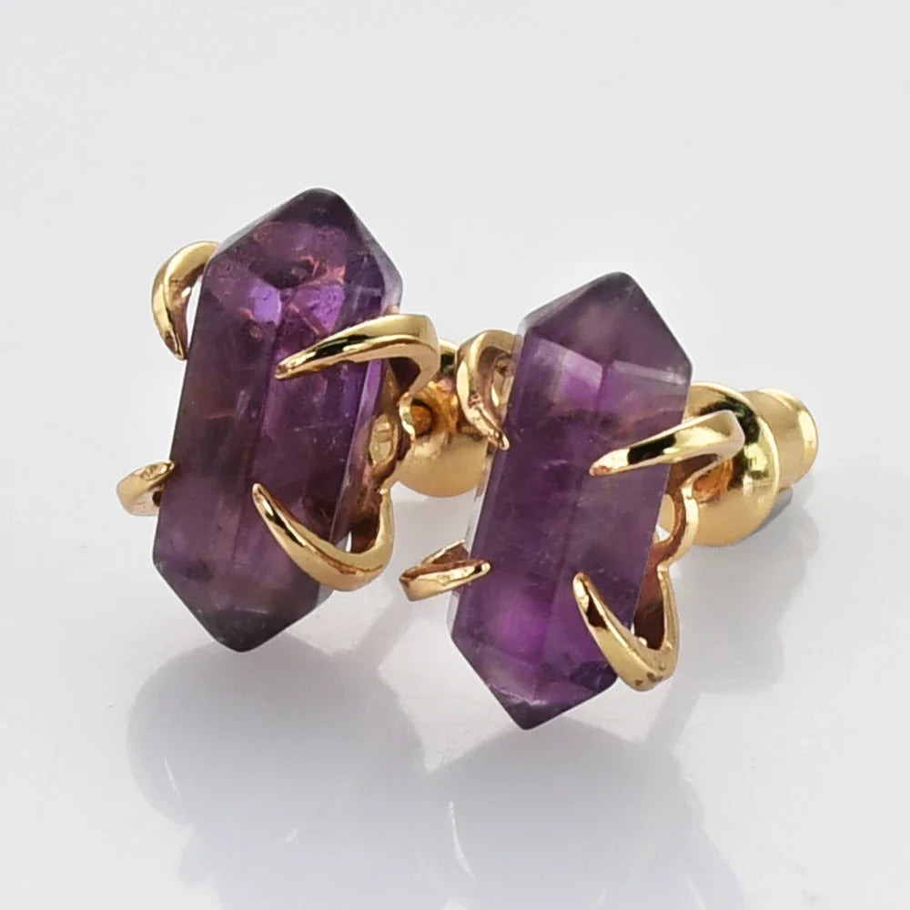 Small Hexagonal Point Claw Stud Earrings Real Natural Stone Bullet Shape Crystal Quartz Earring Healing Jewelry Gifts