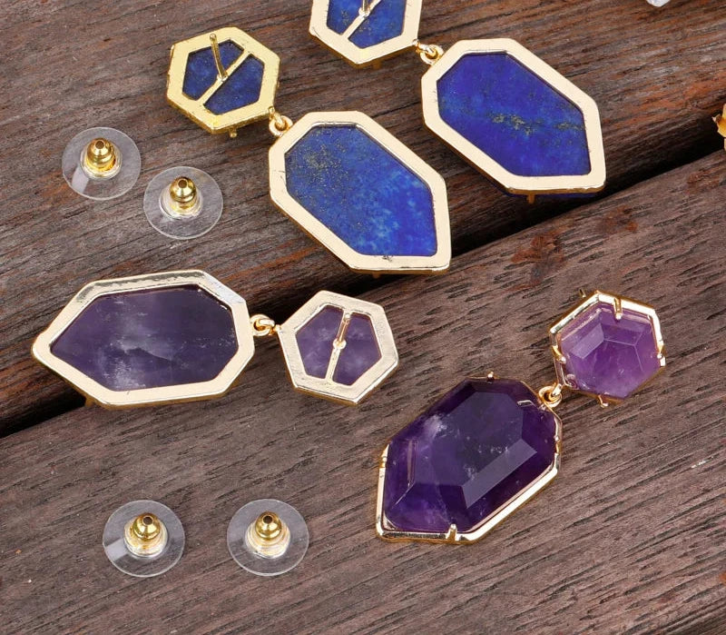 Trendy Gem Stone Dangle Earrings For Women Fashion Bold Lapis Obsidian Amethysts Crystal Stud Earring Natural Stone Jewelry