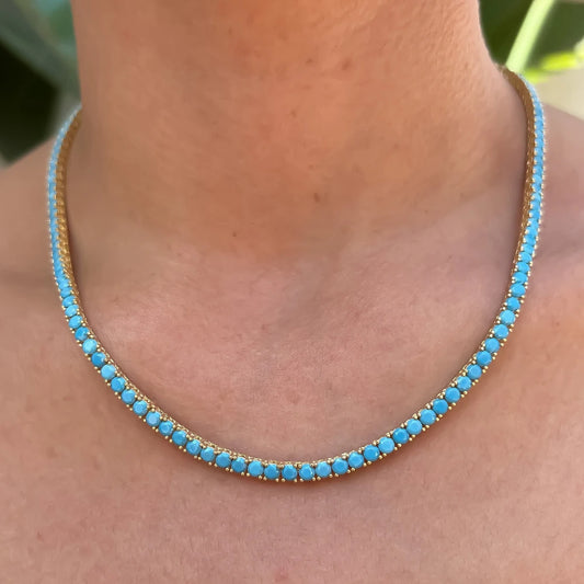 2024 New Gold Color Bling 3mm Turquoises Paved Tennis Chain Necklace Mirco Pave CZ Charm Blue Stone Fashion Women Choker Jewelry