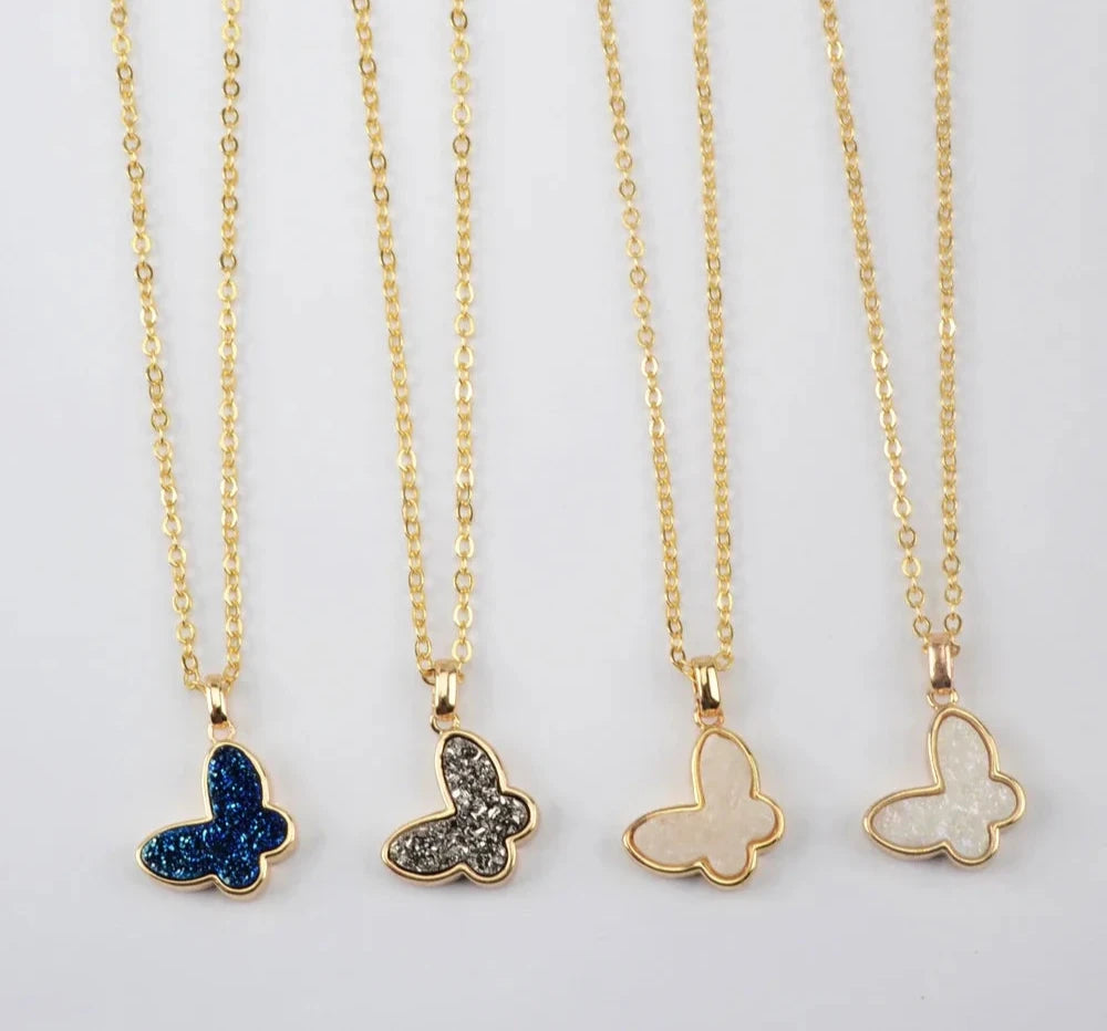 Druzy Pendant Necklaces 16" Golden Necklaces Agates Titanium Butterfly Statement Jewelry Gifts Accessories