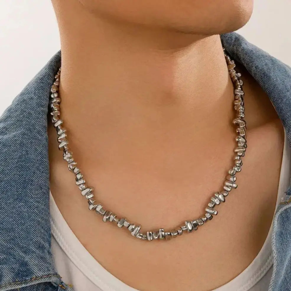 Hip Hop Irregular Beads Short Choker Necklace for Men Trend Silver Color CCB Beaded Collar Chain Male Jewelry on the Neck New