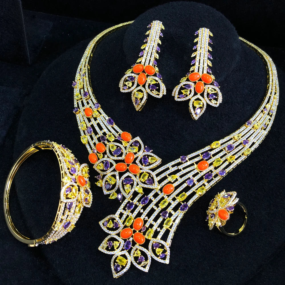 4PCS Pink Coral Luxury African Jewelry Set For Women Wedding Party Zircon Crystal Dubai Bridal Gifts