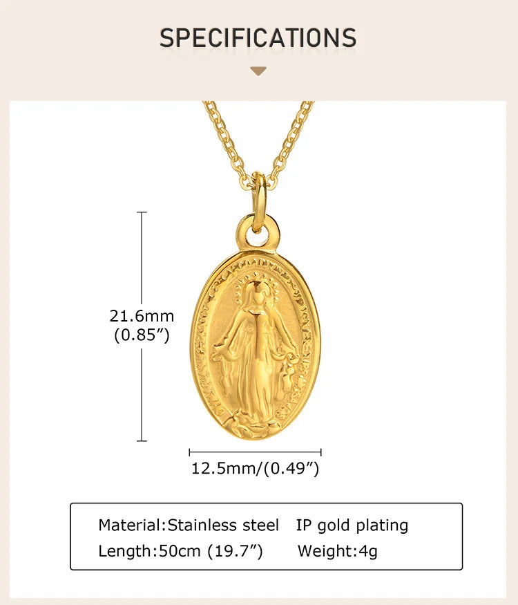 Women Necklace Virgin Mary Guadalupe Charm Pendant, Stainless Steel Jewelry