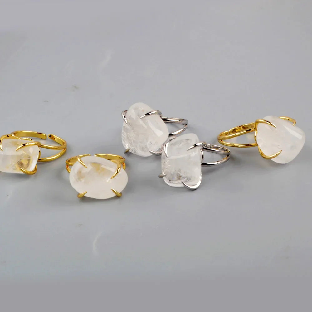 Unique Golden/Silver Plated White Quartz Claw Adjustable Ring Natural Jewelry for Women Engagement Statement Gifts