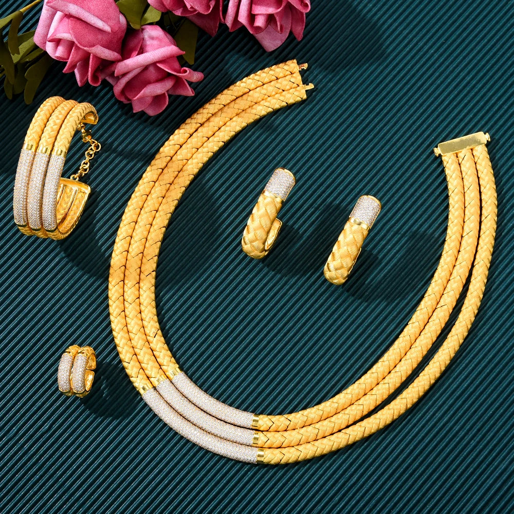 New Trendy 4PCS 3 Layers African Jewelry Set For Women Wedding Party Indian Dubai Bridal Necklace Earring Jewelry Sets