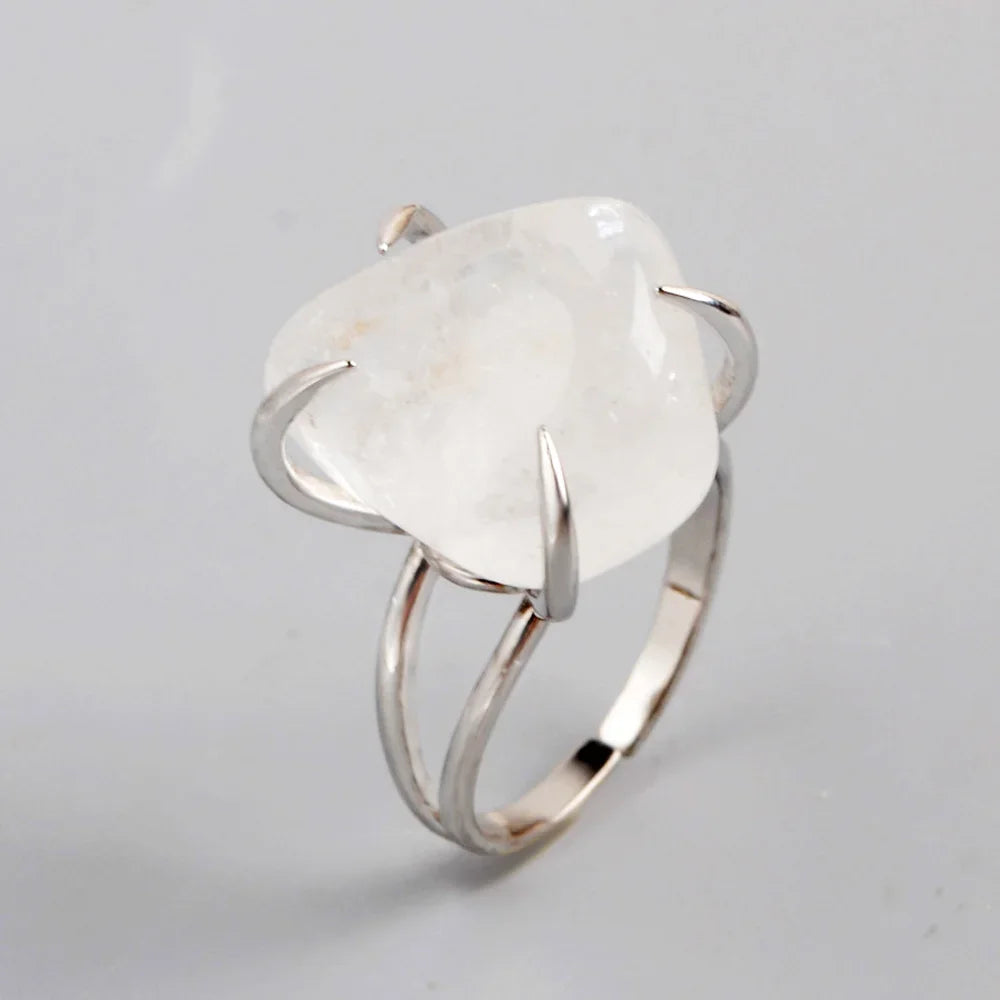 Unique Golden/Silver Plated White Quartz Claw Adjustable Ring Natural Jewelry for Women Engagement Statement Gifts