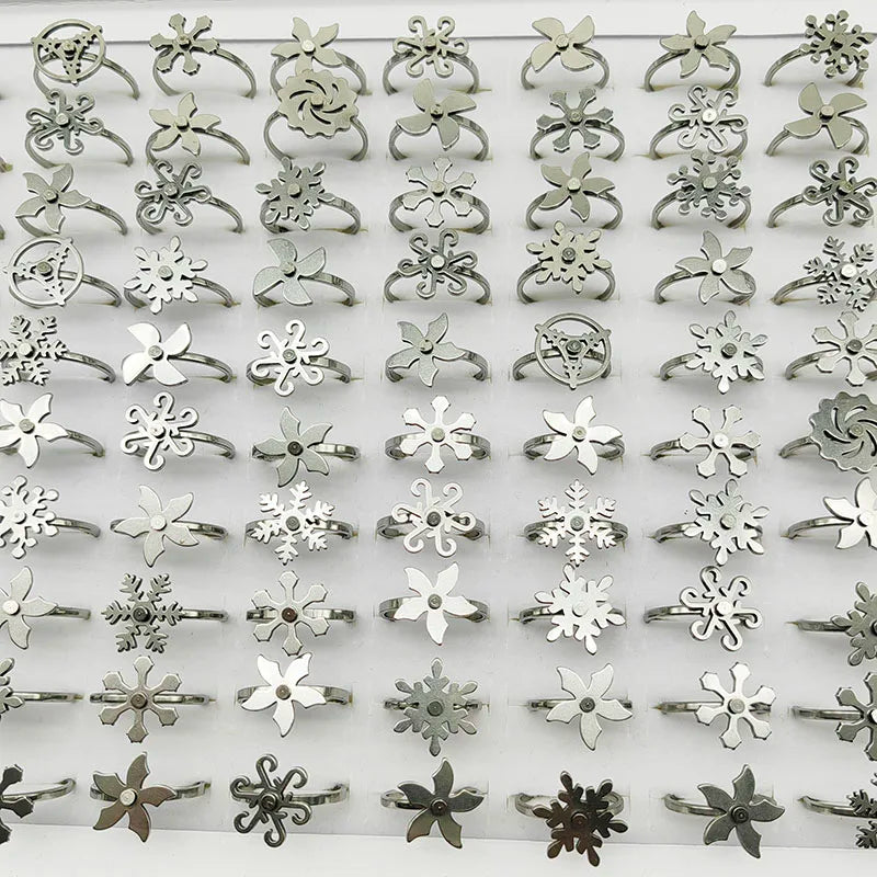 20pcs/Lot Wholesale New Style Rotate Stainless Steel Finger Rings For Women Windmill Snowflake Relief Anxiety Decompress Jewelry