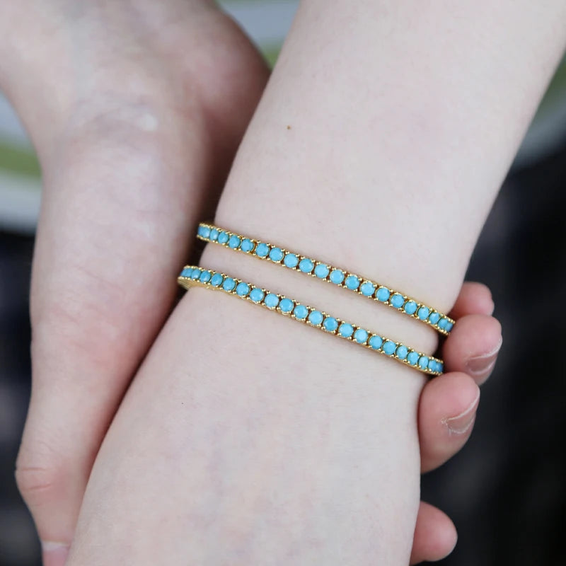 2024 New Gold Color Bling 3mm Turquoises Paved Tennis Chain Necklace Mirco Pave CZ Charm Blue Stone Fashion Women Choker Jewelry
