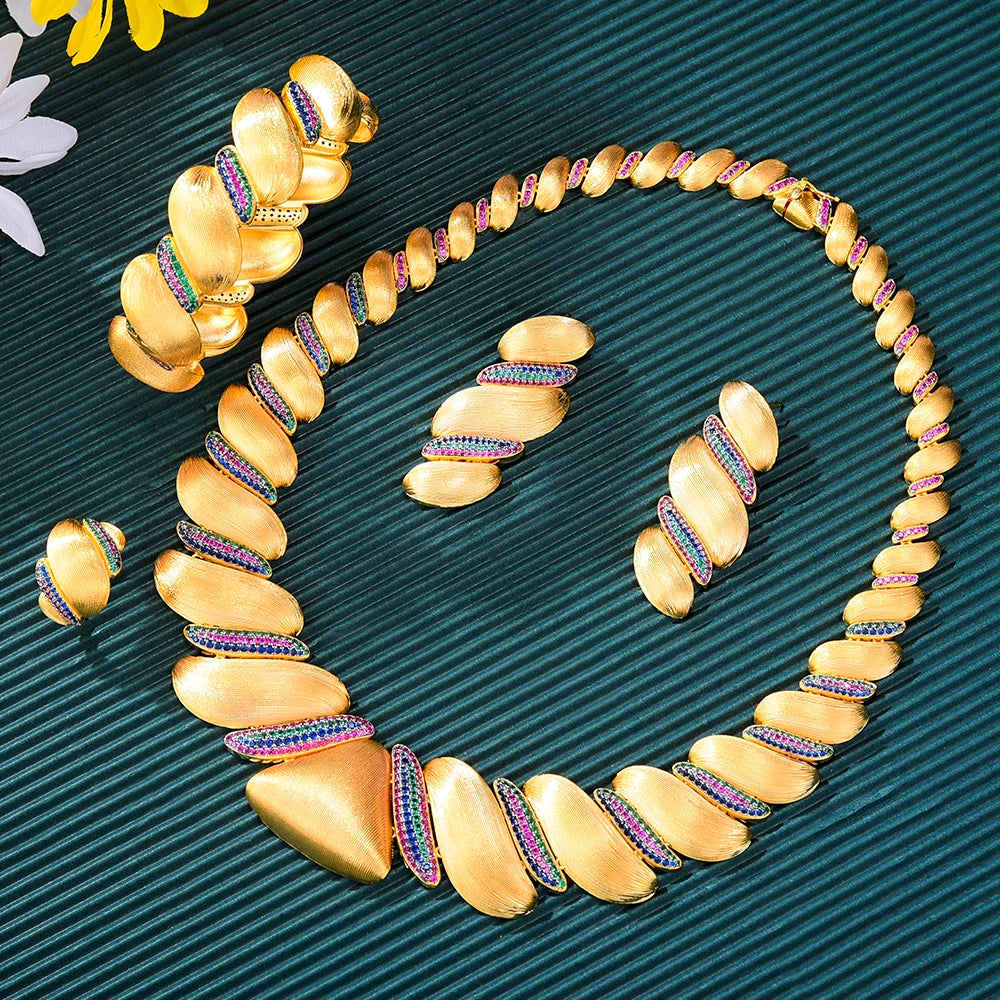 New Trendy Triangle 4Pcs African Jewelry Set for Women Wedding Luxury Indian Dubai Cubic Zirconia Bridal Necklace Earring