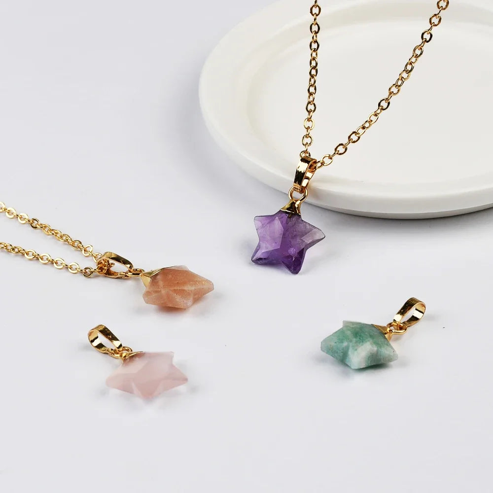 Mix Color Multi-kind Stone Golden Plated Natural Star Shaped Moonstone Faceted Pendant For Women Necklaces Jewelry Gifts