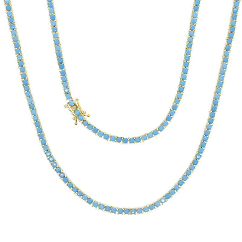 2024 New Gold Color Bling 3mm Turquoises Paved Tennis Chain Necklace Mirco Pave CZ Charm Blue Stone Fashion Women Choker Jewelry
