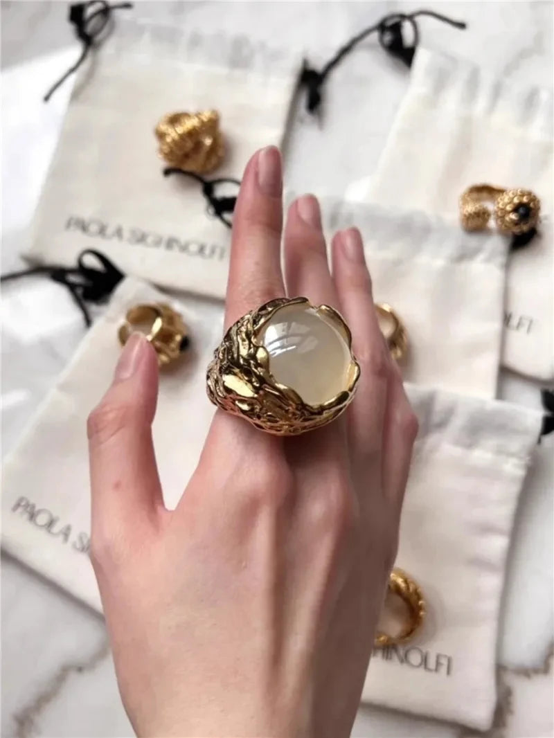 Retro  Agate Natural Stone Crystal Ring Gold Color Metal Open for Women Brass Jewelry 2024 Light Luxury European And American
