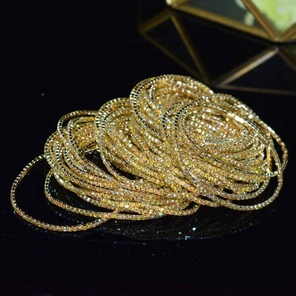 50pcs/Set Fashion Gold Multiple Colour Crystal Rhinestone Elastic Bracelet Bangle Bling Wristband Women Wedding Bridal Jewelry
