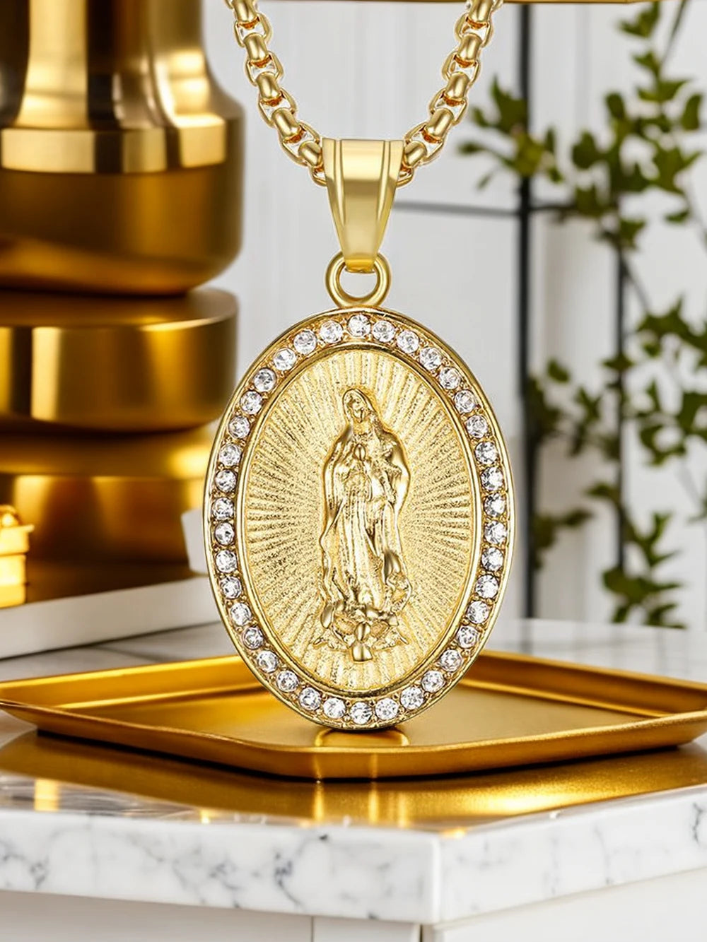 Hip Hop Iced Out Bling Virgin Mary Pendant Necklaces Female Gold Color Stainless Steel Madonna Necklace For Women Jewelry Gift