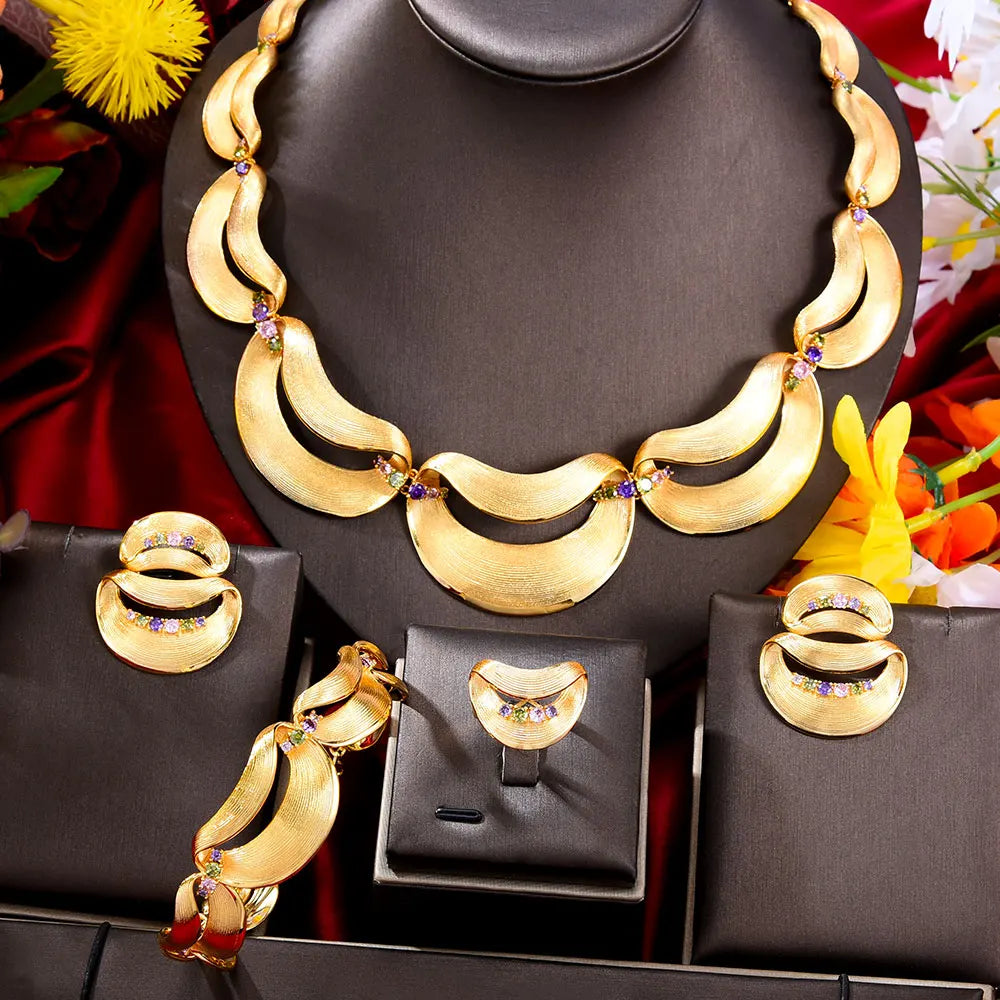 Luxury 4pcs Geometric Italian 18K Gold Jewelry Sets Necklace Earring Bangle Ring Set For Women Wedding Trendy HOT New