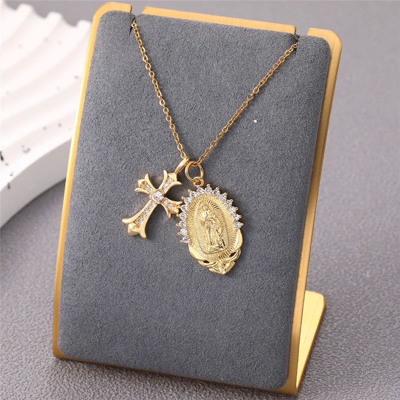 Multiple styles copper Necklace zircon Golden circular Cross Virgin Mary Pendent Necklaces For Charm Women Birthday Jewelr
