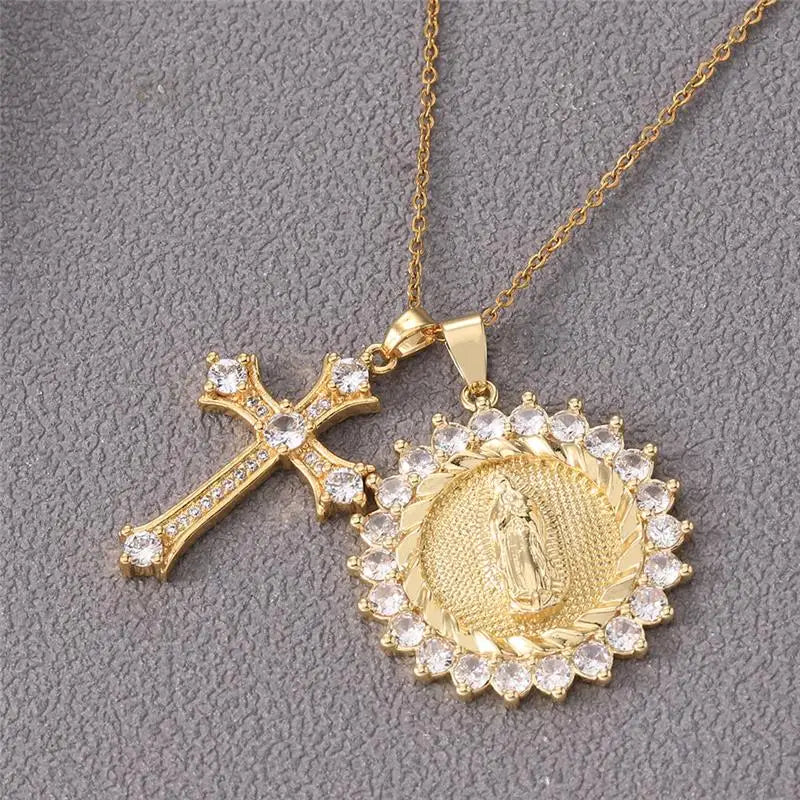Multiple styles copper Necklace zircon Golden circular Cross Virgin Mary Pendent Necklaces For Charm Women Birthday Jewelr