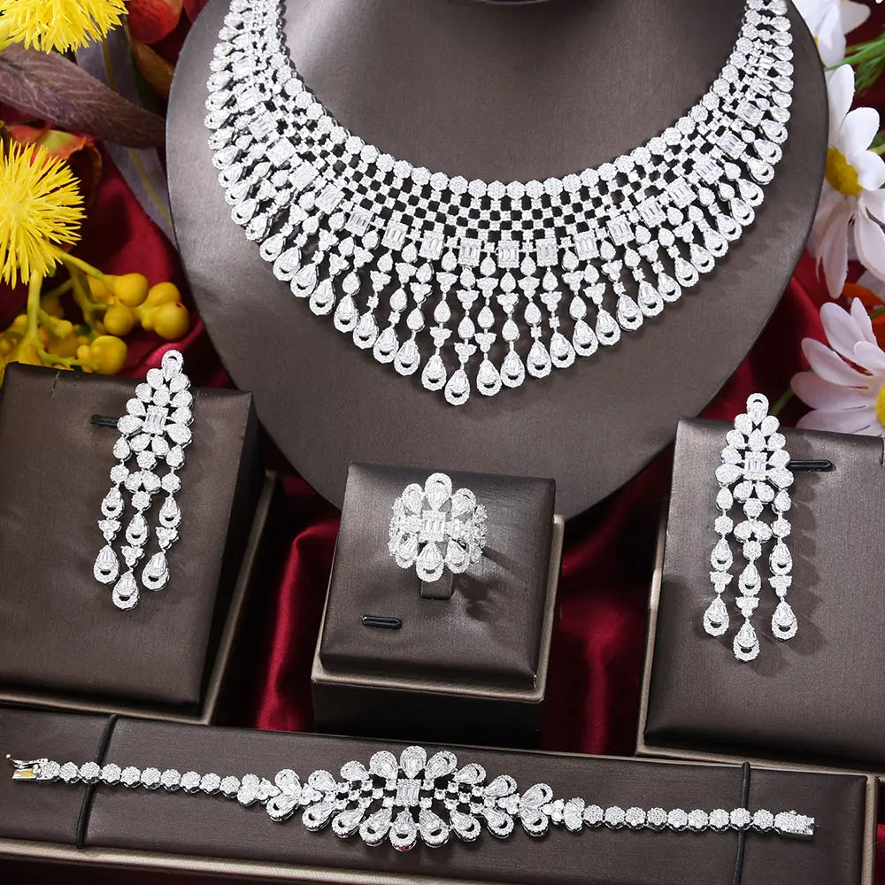 NEW Luxury 4PCS UAE Rainbow Fireworks Jewelry Set For Women Wedding Party Cubic Zirconia Indian Dubai Bridal Jewelry Set