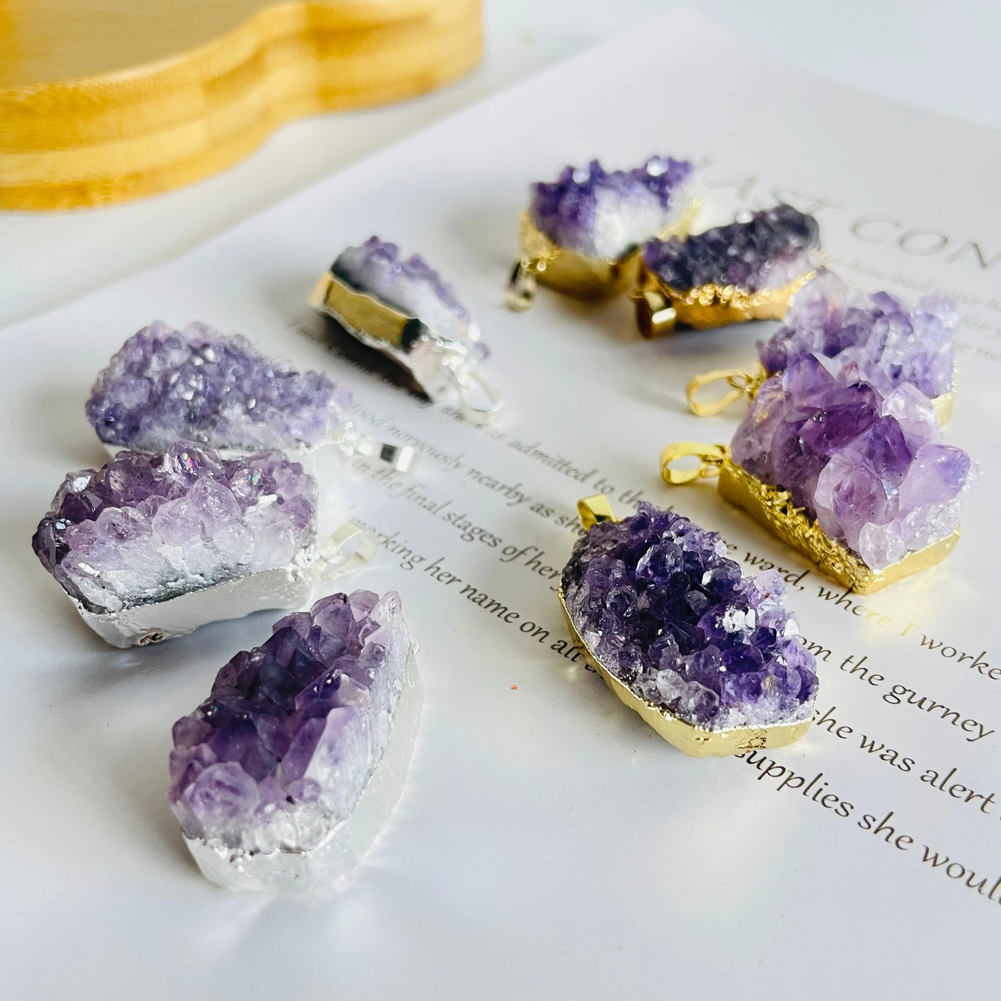 New Fashion BOHO Natural Amethyst Cluster Irregular Pendant Golden Edged Free Wax String Chain Reiki Gemstone Jewelry