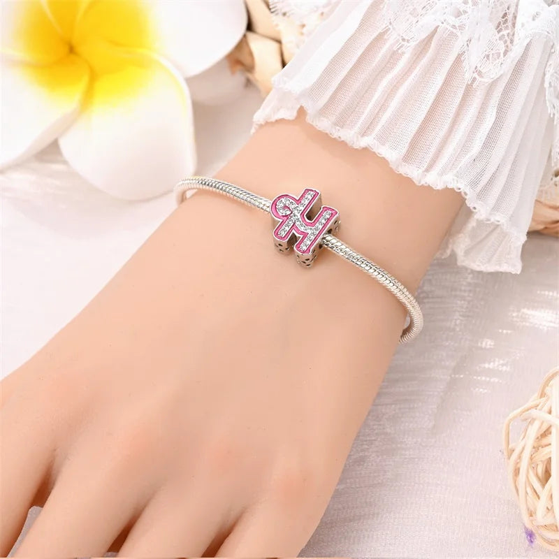 925 Sterling Silver Romantic Pink 26 Letters DIY Love Charms Beads Fit Pandora 925 Original Bracelets Fine Birthday Jewelry Gift