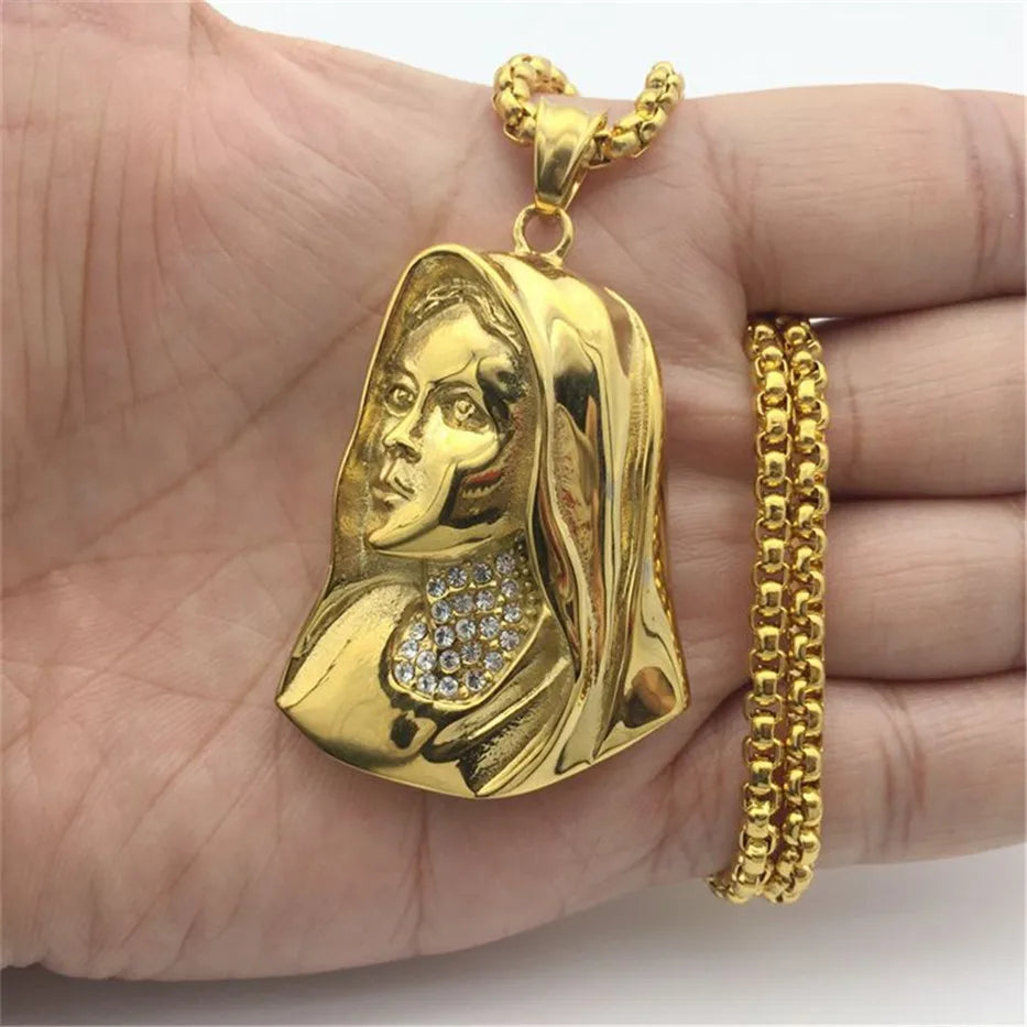 Big Round Virgin Mary Pendant Necklace For Women Men Gold Color Madonna Necklace Religious Christian Stainless Steel Jewelry
