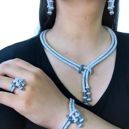 Hiphop 4PCS African Crossover Dance Jewelry Sets for women Wedding Cubic Zircon Indian Dubai Bridal Necklace Earring