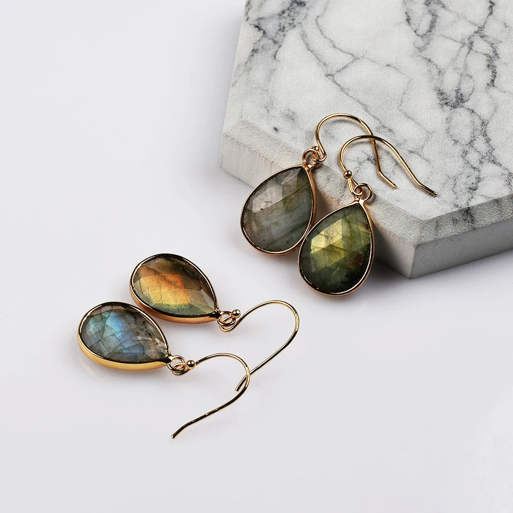 Delicate Water Drop Crystal Labradorite Faceted Charms Dangle Earrings Druzy For Women Girls Wedding Party Jewelry Gifts
