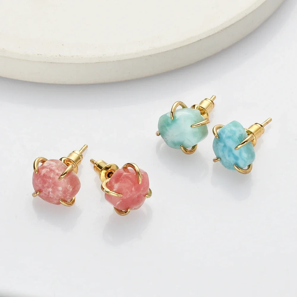 Unique Irregular Natural Stone Stud Earrings Golden Plated Rhodochrosite Claw Earring For Women Crystal Jewelry Gifts