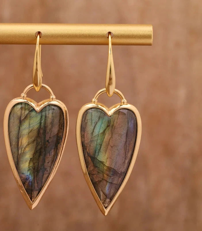 Classic Women Heart Stone Hook Earrings Elegant Exquisite Natural Roses Crystals Labradorite Dangle Earring Boho Jewelery Bijoux