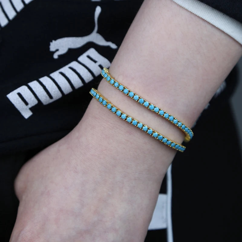 2024 New Gold Color Bling 3mm Turquoises Paved Tennis Chain Necklace Mirco Pave CZ Charm Blue Stone Fashion Women Choker Jewelry