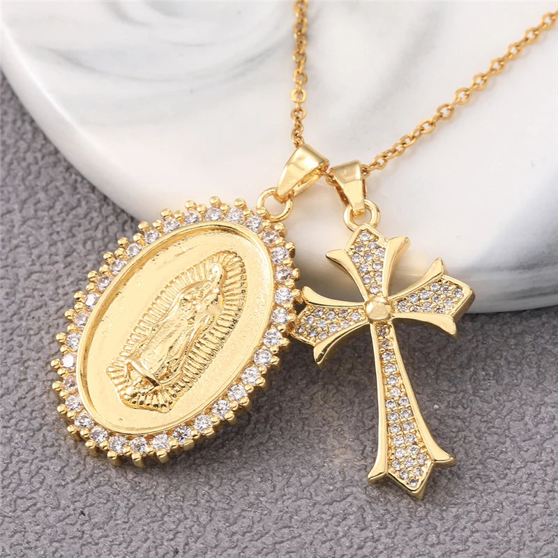 Multiple styles copper Necklace zircon Golden circular Cross Virgin Mary Pendent Necklaces For Charm Women Birthday Jewelr