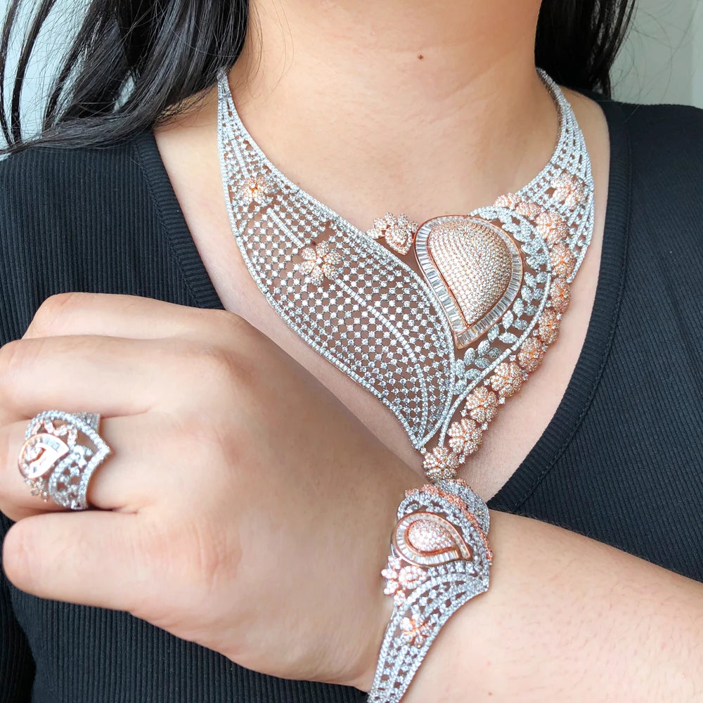 Super BIG Luxury 4PCS Leaf Flowers Africa Cubic Zirconia Set Jewelry Set For Women Wedding Cubic Zirconia Dubai Bridal Set