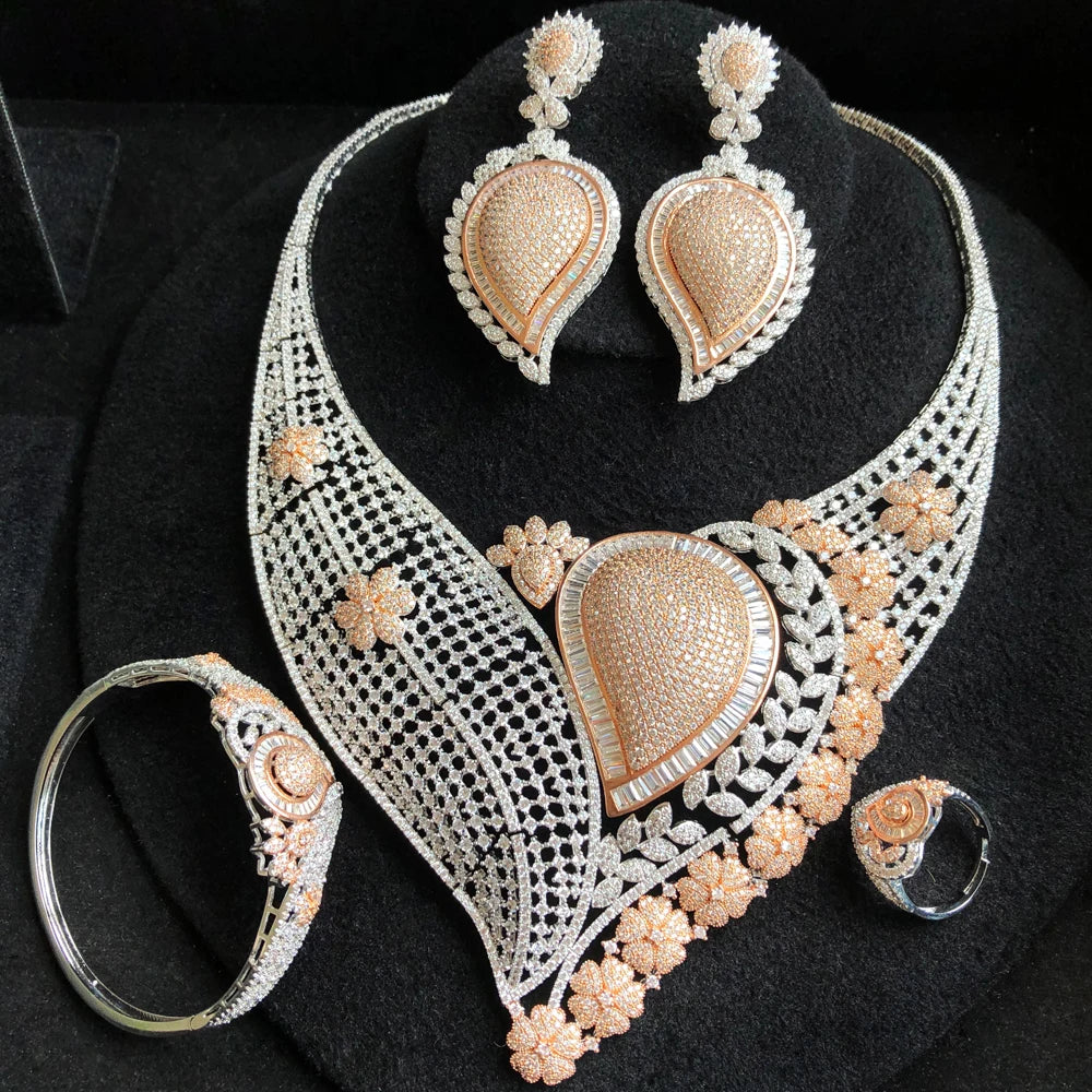 Super BIG Luxury 4PCS Leaf Flowers Africa Cubic Zirconia Set Jewelry Set For Women Wedding Cubic Zirconia Dubai Bridal Set