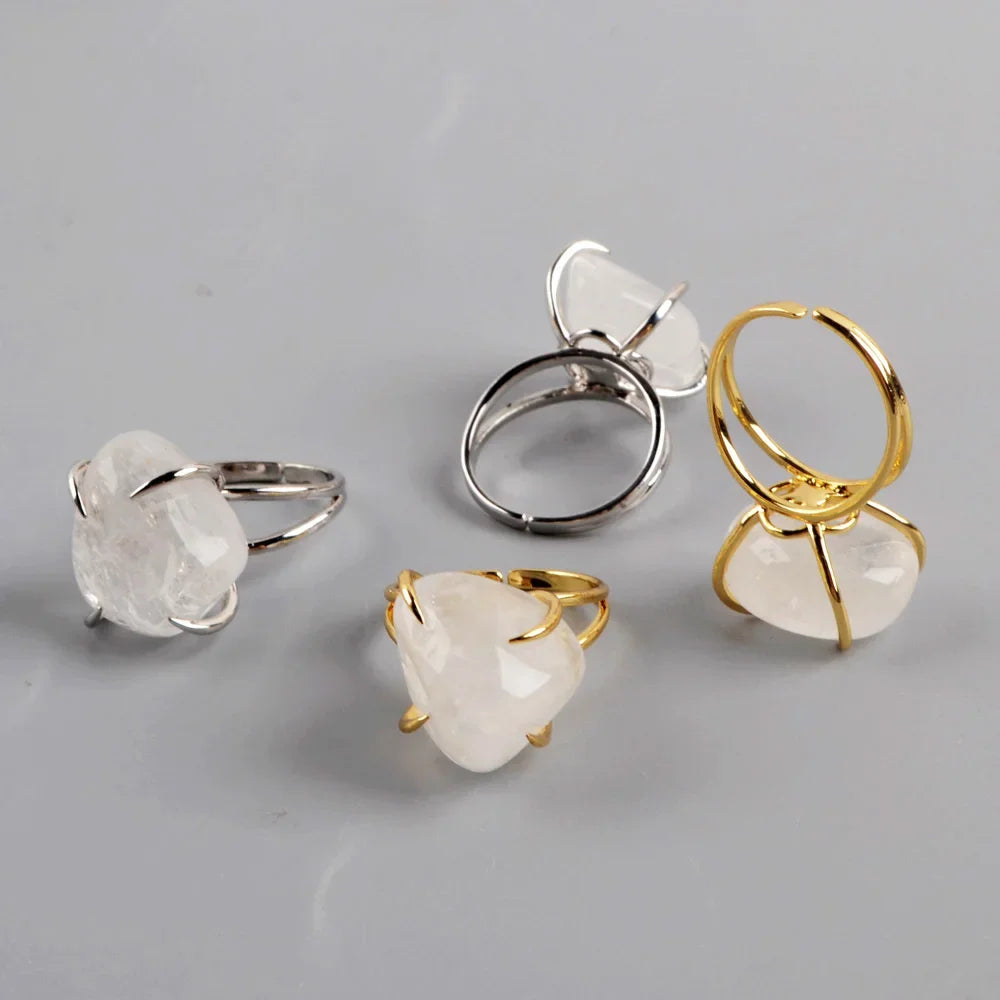 Unique Golden/Silver Plated White Quartz Claw Adjustable Ring Natural Jewelry for Women Engagement Statement Gifts