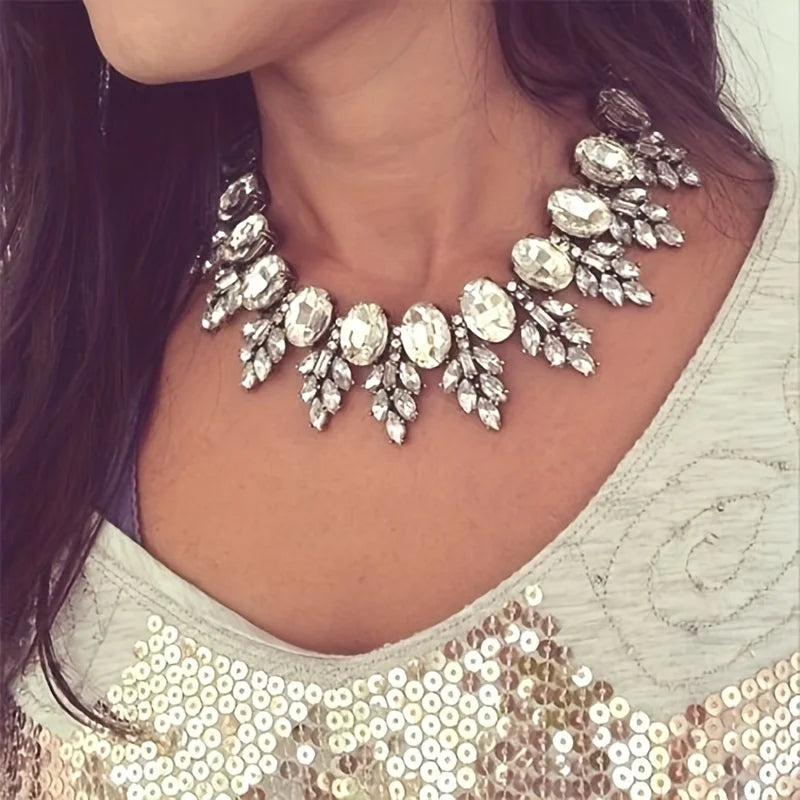 Vedawas 3pcs/set Geometric Rhinestones Necklace earring set，Shiny luxurious wedding party women accessories set