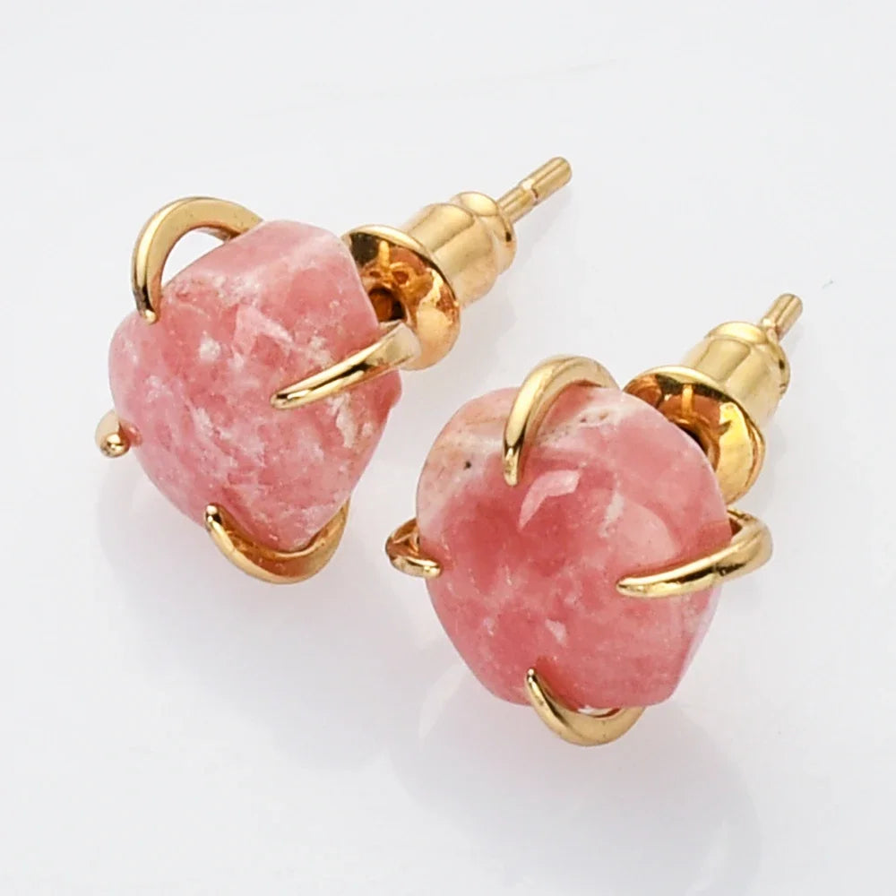 Unique Irregular Natural Stone Stud Earrings Golden Plated Rhodochrosite Claw Earring For Women Crystal Jewelry Gifts