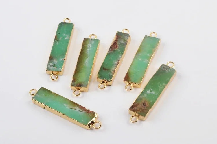 Golden Plating Rectangle Natural Australian Jades Connector Chrysoprases Double Charms for Necklace Pendant Jewelry