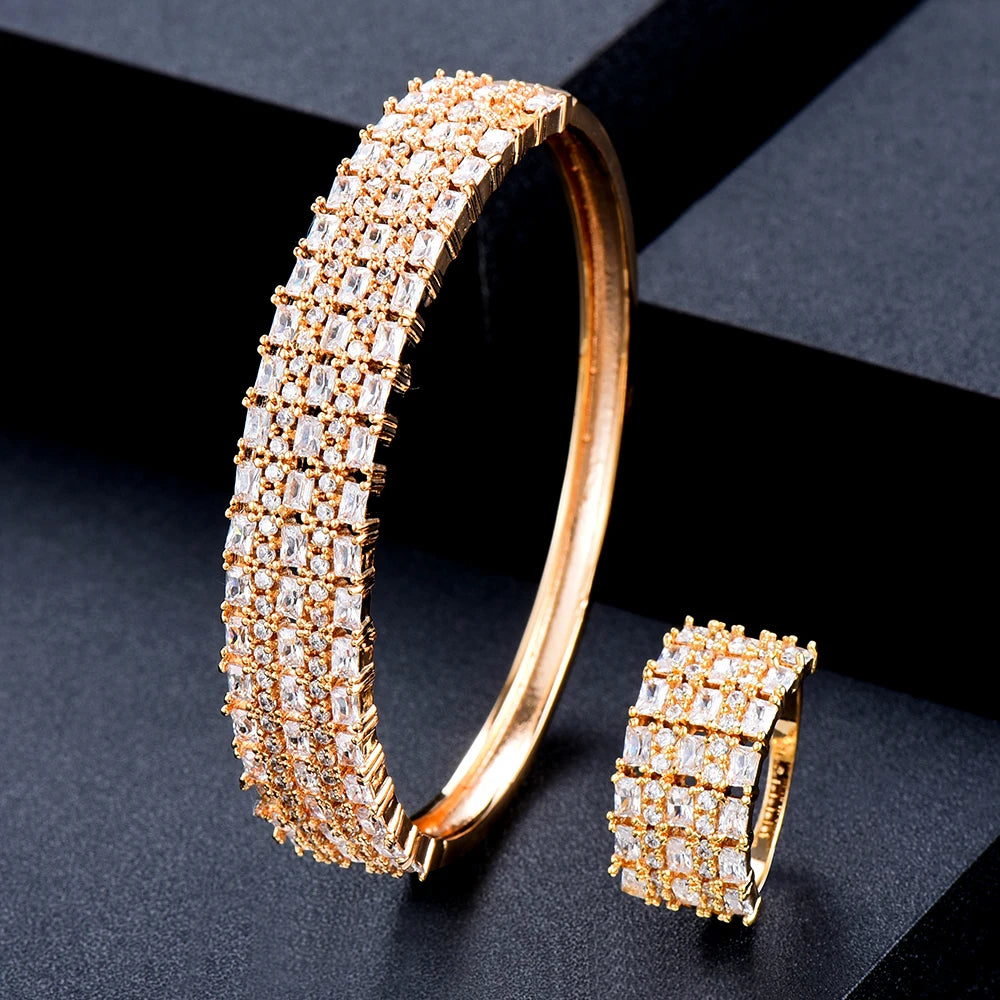 Trend DUBAI CZ Bangle Ring Set For Women Wedding PARTY Baguette Cut Zirconia AFRICAN Bridal Jewelry Sets BOHO