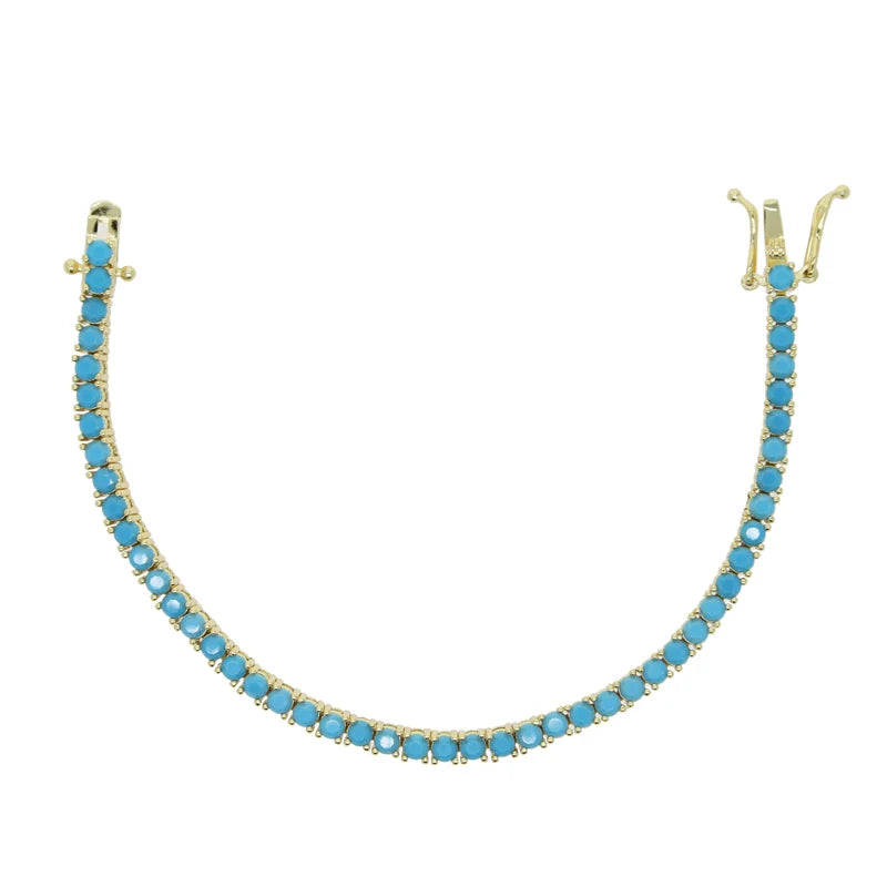 2024 New Gold Color Bling 3mm Turquoises Paved Tennis Chain Necklace Mirco Pave CZ Charm Blue Stone Fashion Women Choker Jewelry