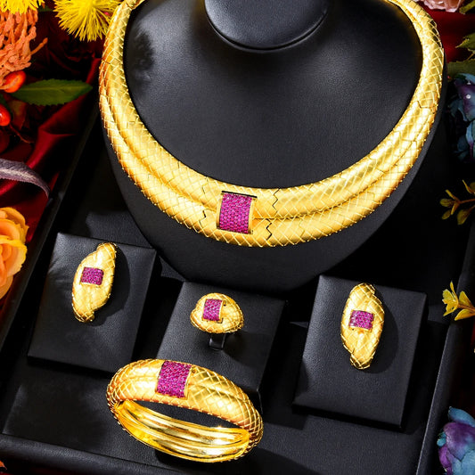 Original DUBAI 4pcs Jewelry Sets Necklace Bangle Ring Earrings Luxury Gougeous Splicing Set For Women Wedding Party